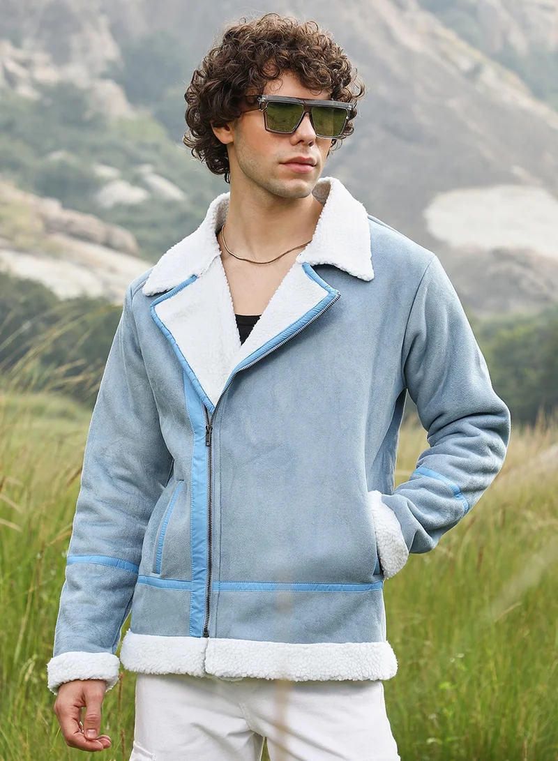 كامبوس سوترا جاكيت رجالي مبطن بالصوف أزرق جليدي وأبيض طباشيري
