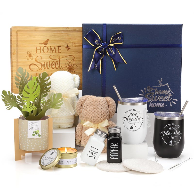 Grajar House Warming Gifts New Home, 12 Pcs Housewarming Gifts Basket for New House with Gift Box Packaging, 3D Botanical Greeting Card, Cutting Board for Couple, Closing Gifts for Home Buyers - Image 1