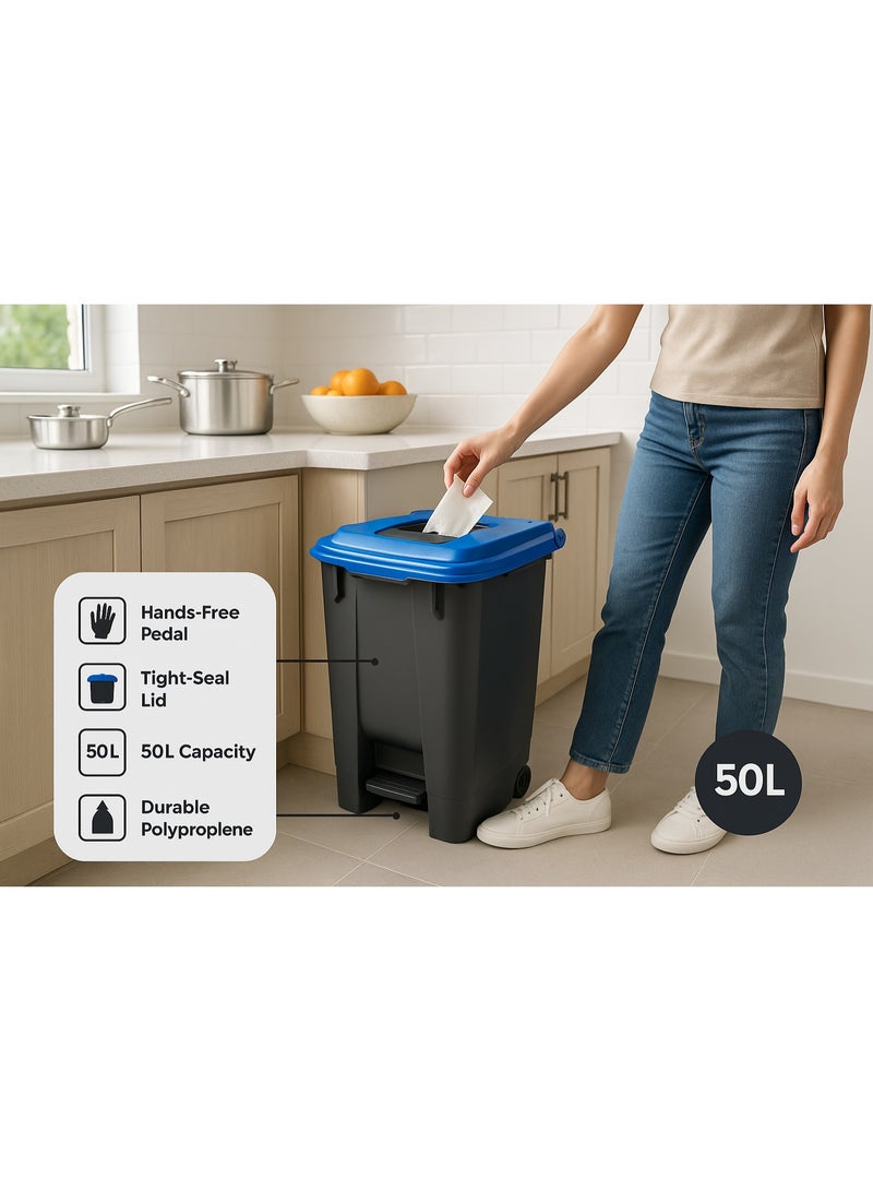 بلانيت سلة مهملات بلانيت مع دواسة وغطاء مربع صغير في الأعلى للاستخدام الصحي على عجلات دلو داخلي للمتانة للاستخدام في المدارس والمستشفيات والجامعات ومراكز التسوق 50 لتر (ازرق) - Image 3