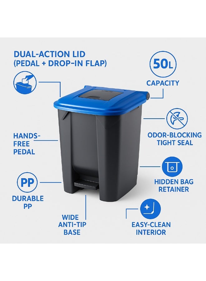 بلانيت سلة مهملات بلانيت مع دواسة وغطاء مربع صغير في الأعلى للاستخدام الصحي على عجلات دلو داخلي للمتانة للاستخدام في المدارس والمستشفيات والجامعات ومراكز التسوق 50 لتر (ازرق) - Image 4