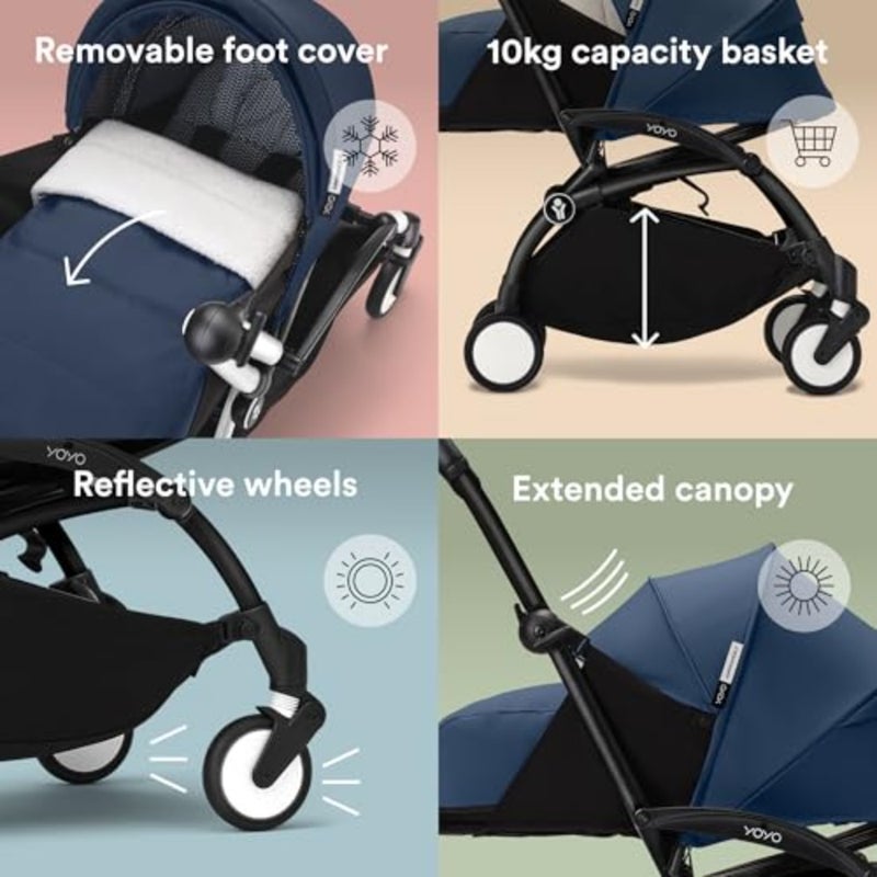 YOYO3 Baby Stroller for newborns: aluminum frame in black, Air France blue fabric, ultra-compact fold, five-point harness, extendable canopy, padded shoulder strap, protective storage bag - Image 5