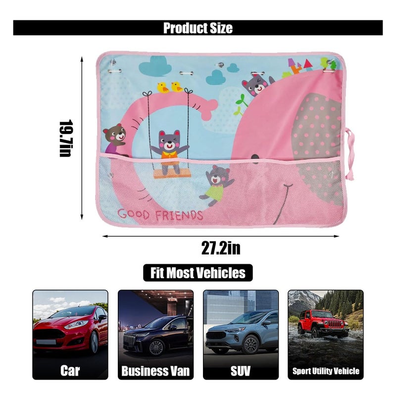 GLSOWEE Car Window Shade for Baby, Blackout Car Window Curtain with Storage Pockets & 7 Suction Cups, Cartoon Pattern Cars Side Window Sun Shade Cover for Sun/Heat/UV Rays Protection (Pink-Elephant) - Image 2