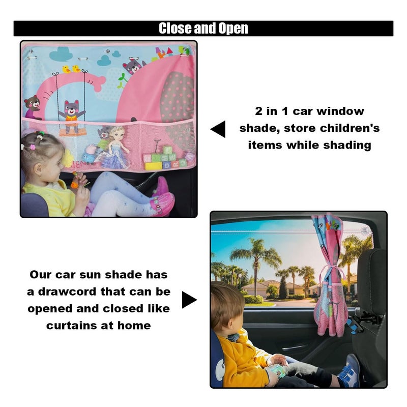 GLSOWEE Car Window Shade for Baby, Blackout Car Window Curtain with Storage Pockets & 7 Suction Cups, Cartoon Pattern Cars Side Window Sun Shade Cover for Sun/Heat/UV Rays Protection (Pink-Elephant) - Image 5