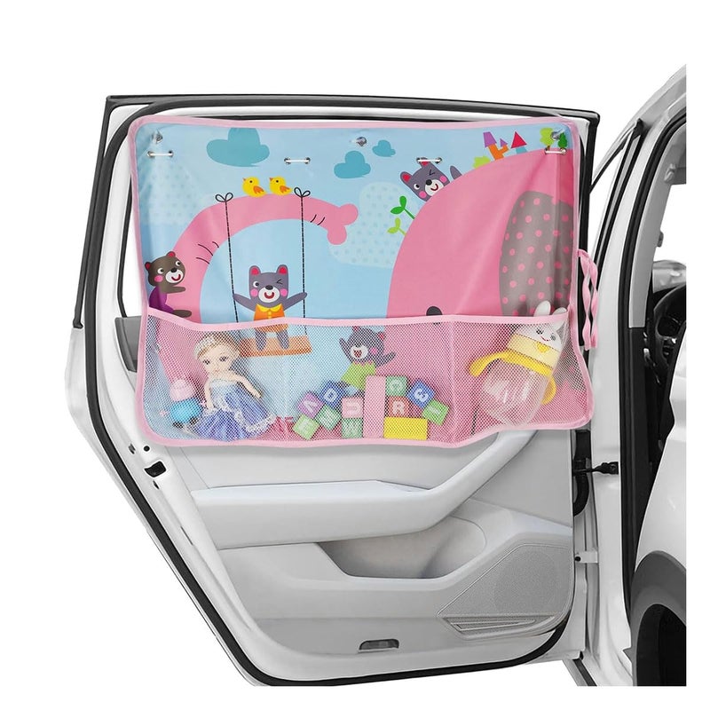 GLSOWEE Car Window Shade for Baby, Blackout Car Window Curtain with Storage Pockets & 7 Suction Cups, Cartoon Pattern Cars Side Window Sun Shade Cover for Sun/Heat/UV Rays Protection (Pink-Elephant) - Image 1