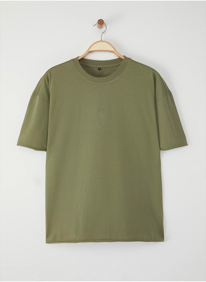 trendyol Khaki Oversize/Wide Cut Aging/Washing Looking 100% Cotton T-Shirt  - Image 2