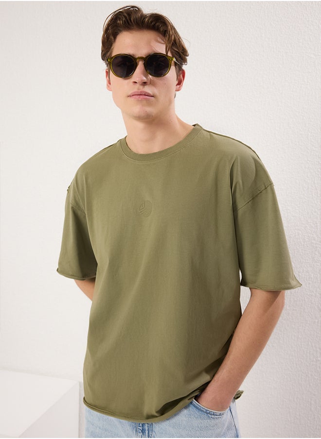 trendyol Khaki Oversize/Wide Cut Aging/Washing Looking 100% Cotton T-Shirt  - Image 4