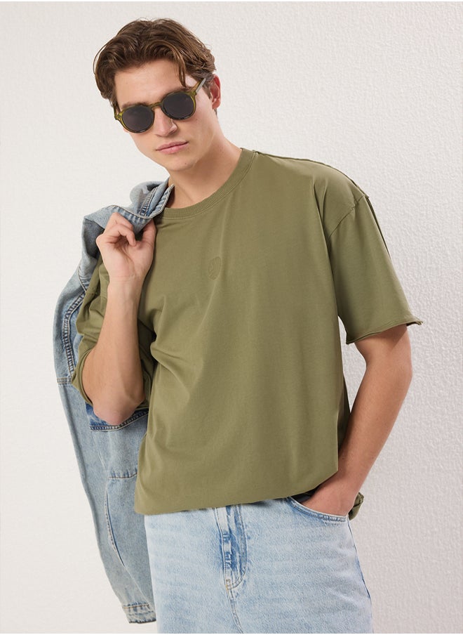 trendyol Khaki Oversize/Wide Cut Aging/Washing Looking 100% Cotton T-Shirt  - Image 1