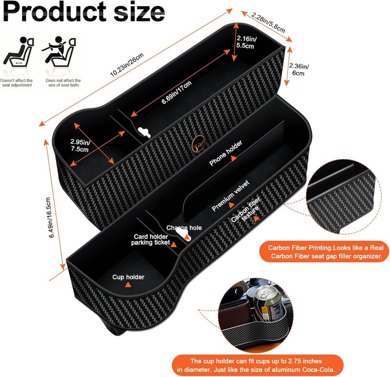 Jiaji Car Seat Gap Filler Organizer, 2 Pack Multifunctional Auto Console Side Storage Box with Cup Holders 2 Seat Hooks for Drink, Car Organizer Front Seat for Holding Phone, Sunglasses - Image 5