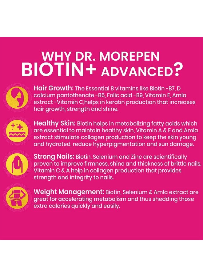Dr. Morepen أقراص دكتور موريبين بيوتين+ | مع الفيتامينات المتعددة، الأحماض الأمينية، مستخلص طبيعي من الأملا، الكركم والشاي الأخضر، البهرنجراج والبراهمي | (60 قرص) - Image 3