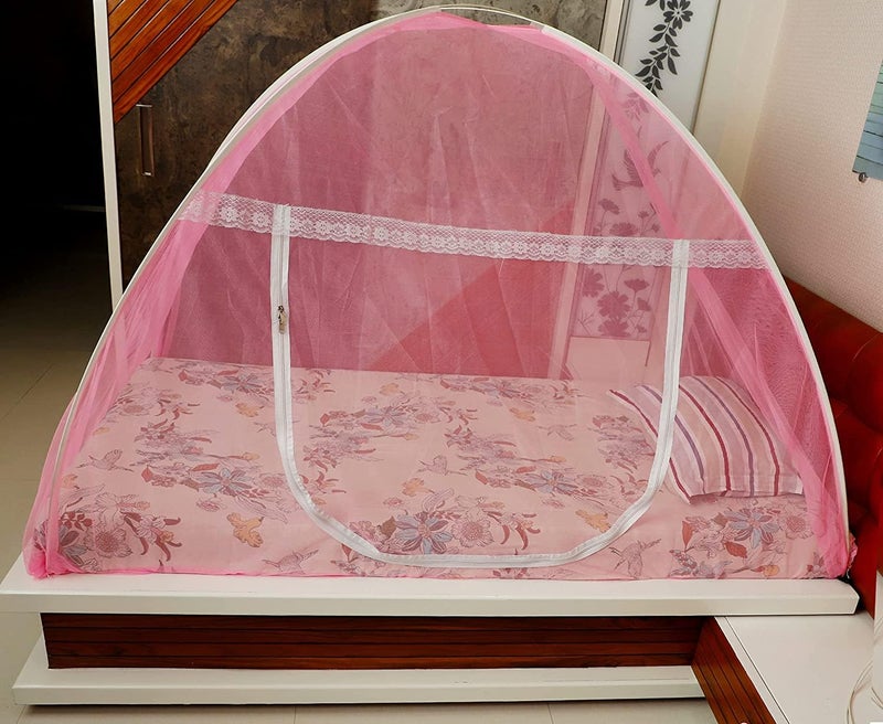 WNE Jaliwale Mosquito Net for Single Bed Foldable Machardani, Lightweight Polyester 30GSM Strong Net, Pink Color (6.5feet x 4feet) - Image 1