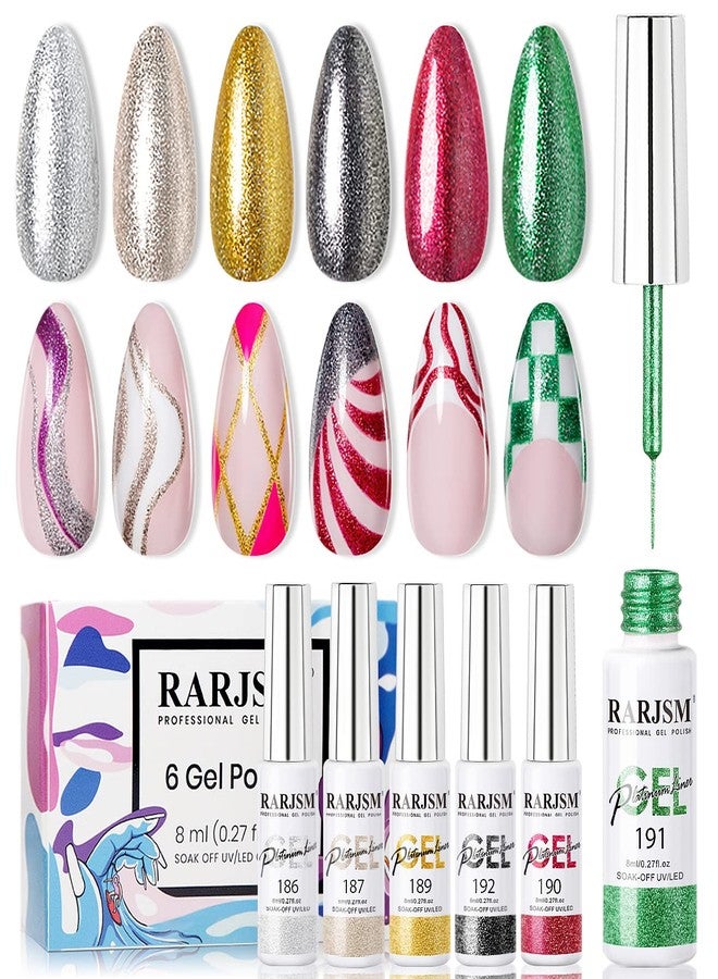 RARJSM Metallic Painting Gel Nail Polish Set,Black Silver Gold Green Pink Black Glitter Platinum Effect Drawing GelPolish 6 Pieces,Curing Reqired Nail Art Design Dotting Gel Liner Brush Pen Tool 8ml - Image 1
