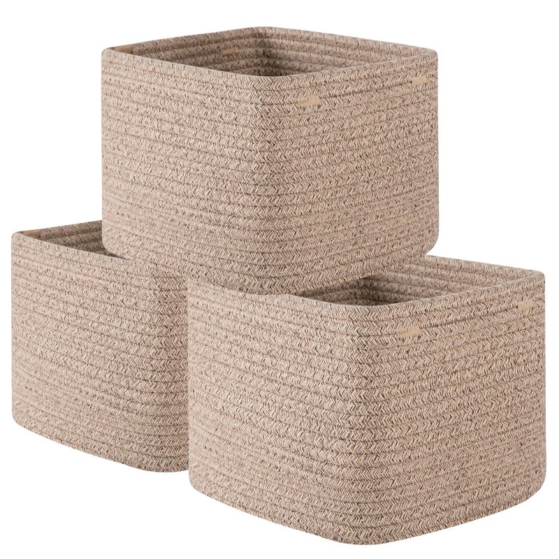 OIAHOMY 9â€x9â€x7â€ Storage Cubes, Cotton Rope Woven Baskets for Organizing, Cube Storage Bin, Small Gift Basket for Shelf, 3-Pack, Brown - Image 1