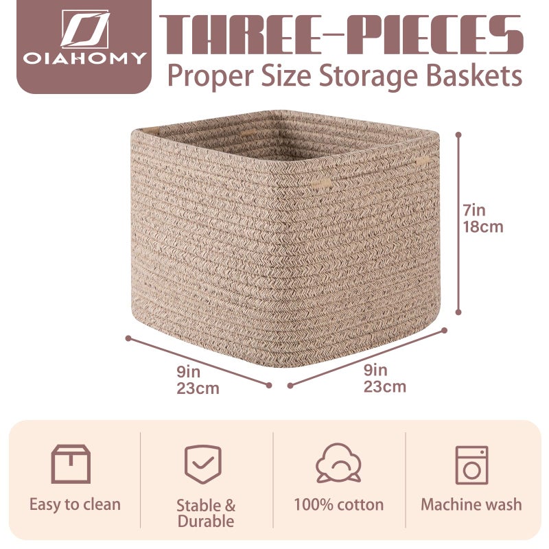 OIAHOMY 9â€x9â€x7â€ Storage Cubes, Cotton Rope Woven Baskets for Organizing, Cube Storage Bin, Small Gift Basket for Shelf, 3-Pack, Brown - Image 2