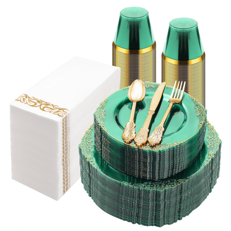 Bestluck 350PCS Clear Green Plastic Plates for 50 Guests Disposable Plates with Gold Trim include 100 Dinner Plates 150 Gold Silverware 50 Cups 50 Napkins for Party Wedding and Graduation
