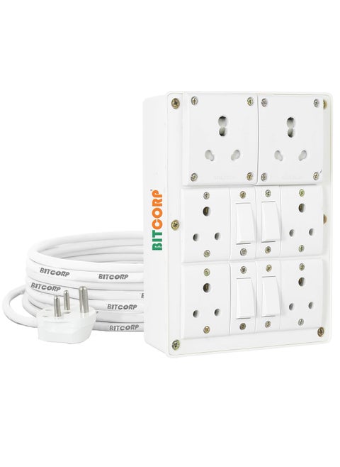 Bitcorp Multi Socket Extension Board 6 Way Plug and 4 Switch 6A 16A 20A 2500W 5 Meter Long Length Cable Cord Compatible with Ac Fridge Washing Machine Microwave and Heavy Appliances White
