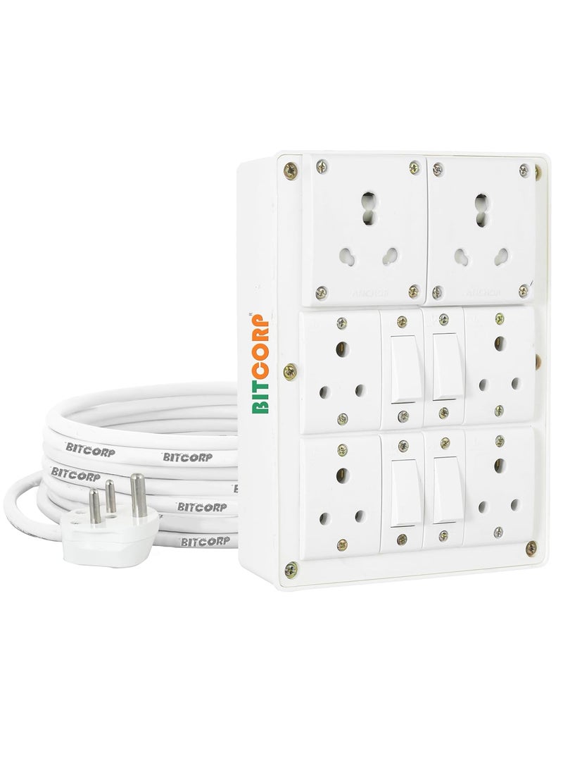 Bitcorp Multi Socket Extension Board 6 Way Plug and 4 Switch 6A 16A 20A 2500W 5 Meter Long Length Cable Cord Compatible with Ac Fridge Washing Machine Microwave and Heavy Appliances White