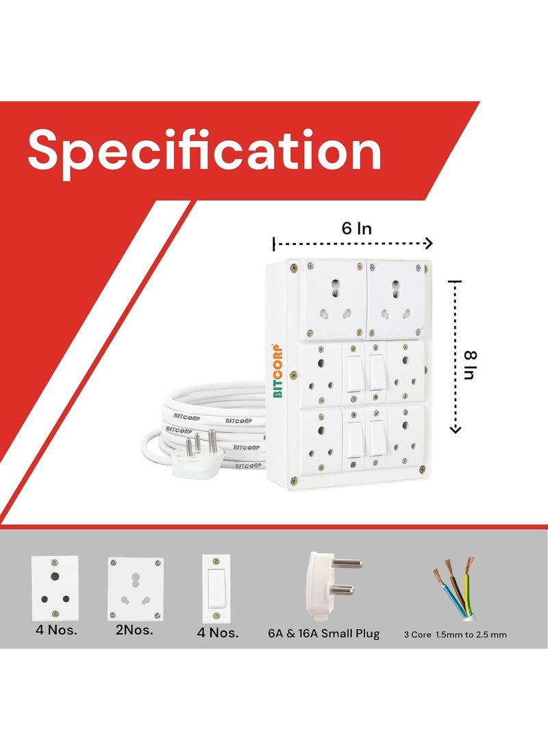 Bitcorp Multi Socket Extension Board 6 Way Plug and 4 Switch 6A 16A 20A 2500W 5 Meter Long Length Cable Cord Compatible with Ac Fridge Washing Machine Microwave and Heavy Appliances White