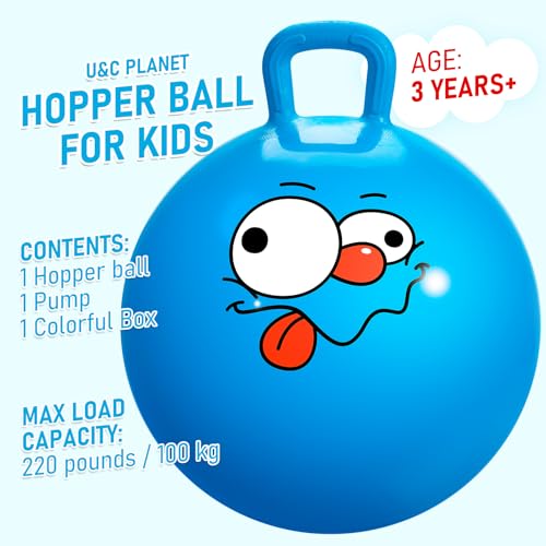 U&C Planet UC Planet Hopper Ball 20 inches Bouncy Ball with Handle for Kids Age 59 Hoppity Hop Sit and Bounce Jumping Hopping Toy with Pump and Gift Box Great Gift for Birthday Christmas Blue - Image 5