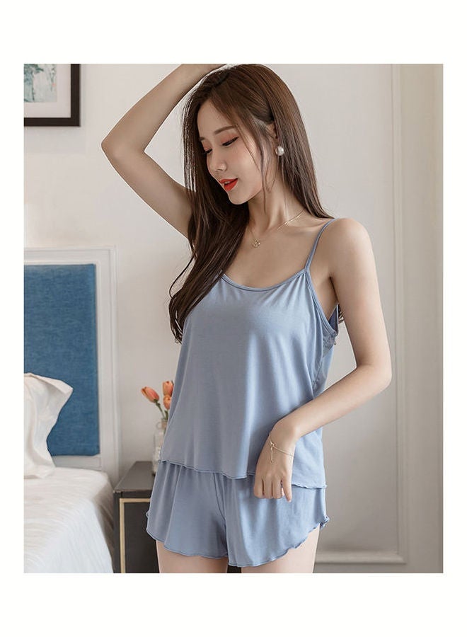 NIBEMINENT 2-Piece Solid Top And Shorts Set Blue  - Image 2