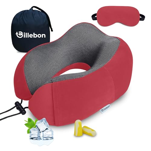 Billebon Neck Pillow for Travel – Cool-Gel Infused Memory Foam Support, U-Shape Ergonomic Design, Portable for Flight Journeys, Lightweight Compact Build, Soft Washable Cover (Red with Eye Mask) - Image 1