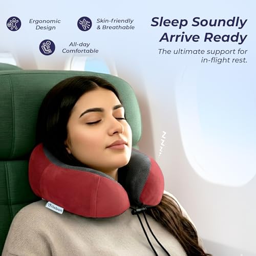 Billebon Neck Pillow for Travel – Cool-Gel Infused Memory Foam Support, U-Shape Ergonomic Design, Portable for Flight Journeys, Lightweight Compact Build, Soft Washable Cover (Red with Eye Mask) - Image 4