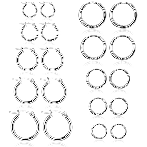 Senteria 10 Pairs Silver Hoop Earrings Set for Women Surgical Steel Hoop Earrings Lightweight Hypoallergenic Small Hoops For Men （8mm 10mm 12mm 14mm 16mm） - Image 1