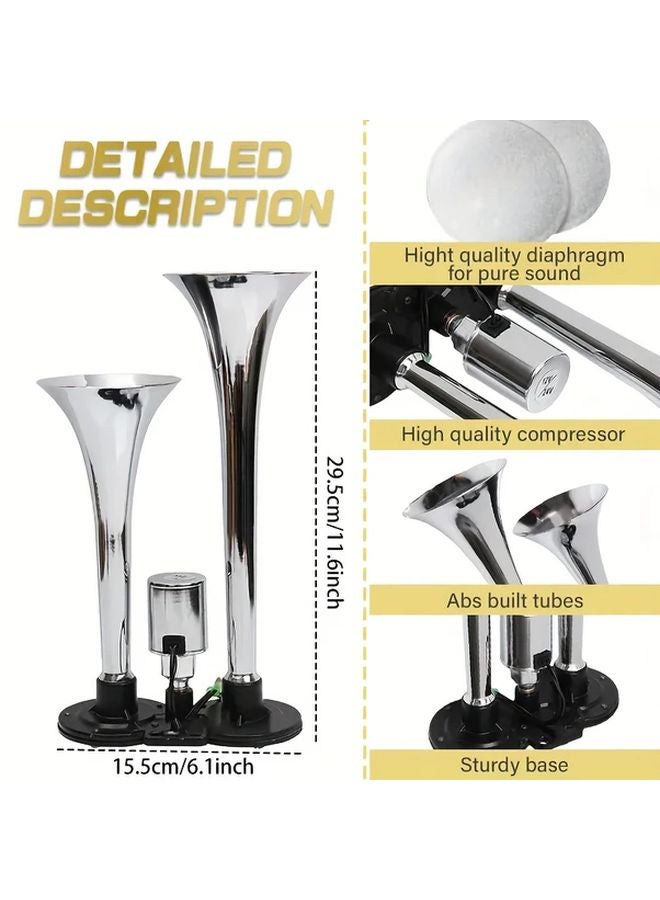 12V Dual Trumpet Air Horn Kit With Compressor ABS Material Universal Fit 1pc - Image 2