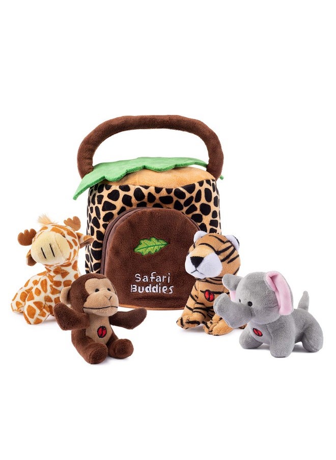 Plush Creations Talking Plush Jungle Animals Set: 4 Soft Safari Toys - Elephant, Monkey, Giraffe, Tiger & Jungle House Carrier  - Image 1