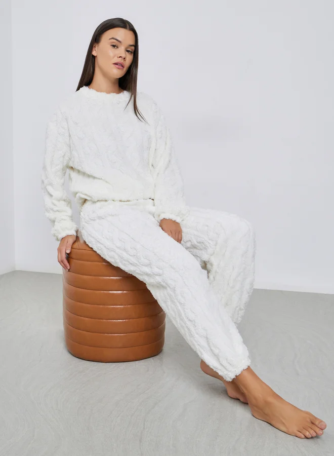 Styli Cable Fleece Long Sleeves Top and Pyjama Set
