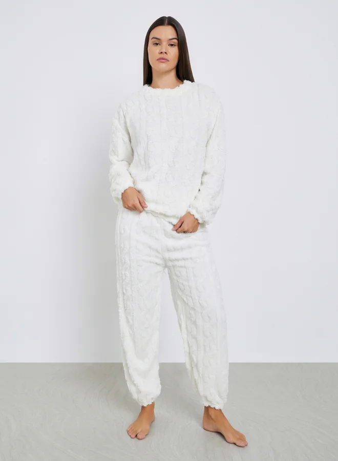 Styli Cable Fleece Long Sleeves Top and Pyjama Set