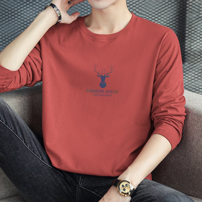 Cotton Long-Sleeved T-Shirt Men'S Trendy Brand Deer Head Printed Autumn Clothes Inner Base Shirt Autumn Small Shirt Loose Cotton T-Shirt - Image 2