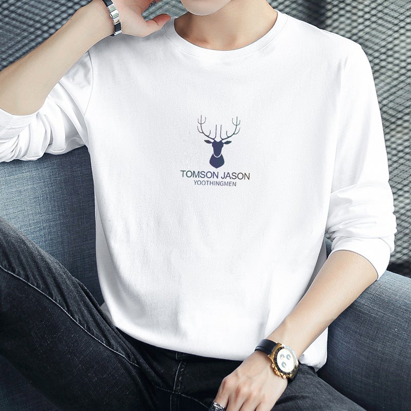 Cotton Long-Sleeved T-Shirt Men'S Trendy Brand Deer Head Printed Autumn Clothes Inner Base Shirt Autumn Small Shirt Loose Cotton T-Shirt - Image 1