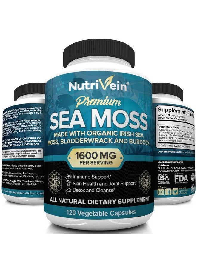 Nutrivein - Organic Sea Moss 1600Mg Plus Bladderwrack & Burdock 120 Capsules Prebiotic Super Food Boosts The Immune System & Digestive Health Thyroid Healthy Skin Keto Detox Gut Joint Support - Image 1