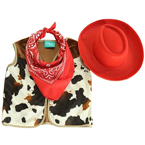 Making Believe Kids Western Rodeo Cowboy or Cowgirl Classic Costume Set - Vest, Red Hat, Bandanna - Size 4-6 - Image 1