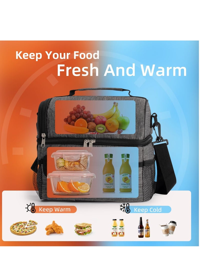Mmmon - Insulated Dual Compartment Lunch Bag-Reusable Lunch Box Waterproof Cooler Tote Bag-Leakproof Thermal Cooler Sack Food Lunch Tote Pail-Large Lunch Handbags for Office Work Picnic Travel(Grey) - Image 1