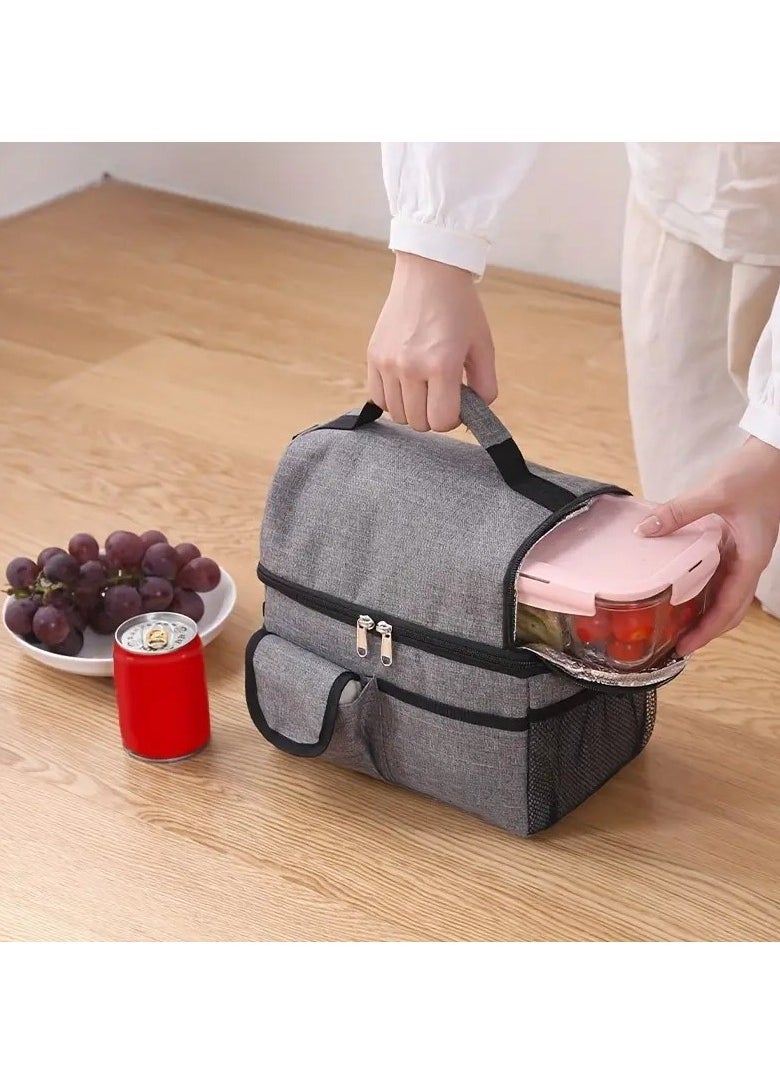 Mmmon - Insulated Dual Compartment Lunch Bag-Reusable Lunch Box Waterproof Cooler Tote Bag-Leakproof Thermal Cooler Sack Food Lunch Tote Pail-Large Lunch Handbags for Office Work Picnic Travel(Grey) - Image 1