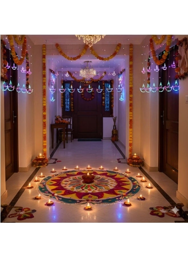 أضواء ستائر ديوالي ديا - 12 سلسلة أضواء LED ديوالي ملونة RGB لتزيين المنزل والشرفة والنوافذ والمكتب في احتفالات ديوالي - Image 1
