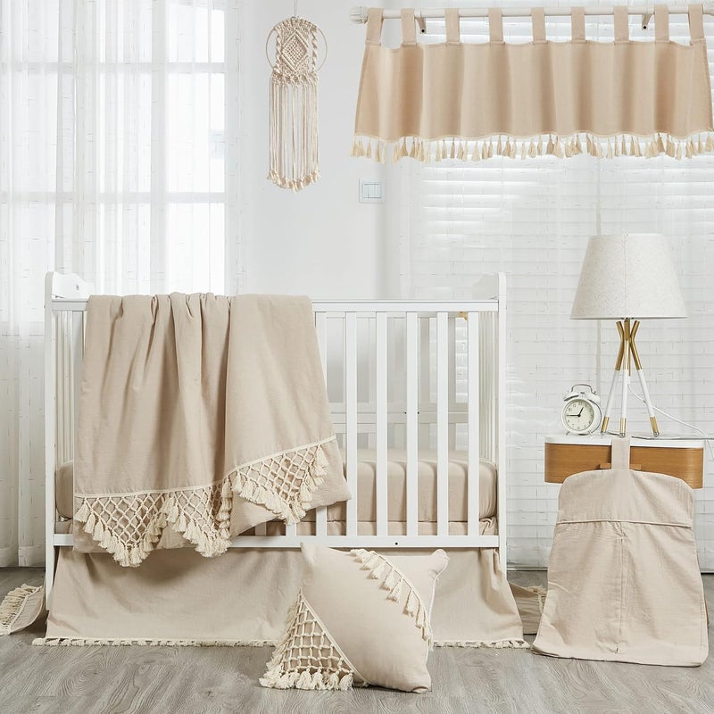 Brandream Crib Bed Skirt for Baby Girls Boys Beige Boho Bohemian Solid Cotton Toddler Bedskirt Farmhouse Chic Ruffle Minimalist Tassel Fringe Macrame - Image 2