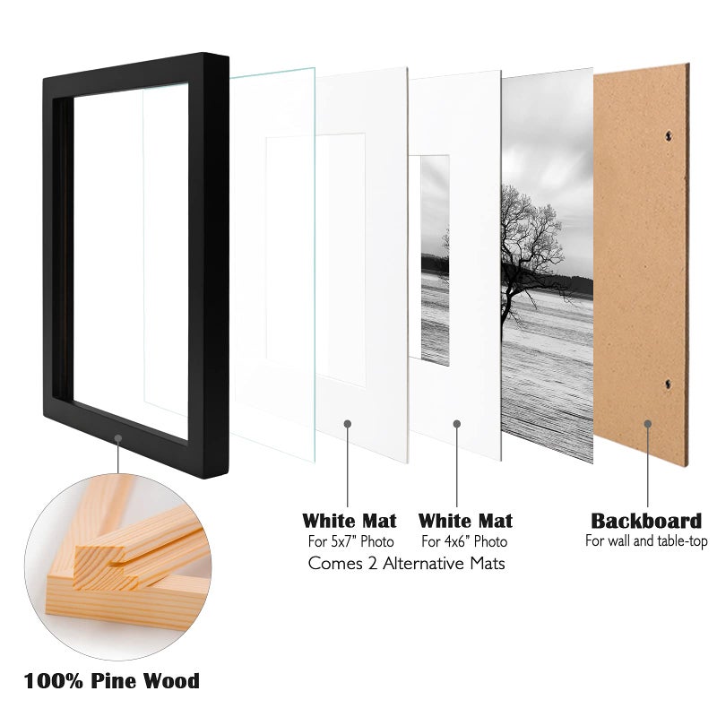 Egofine Egofine 8x10 Picture Frames Set of 6  Made of Solid Wood Covered by Plexiglass Display 4x6 and 5x7 with Mat or 8x10' without Mat  for Table Top Display and Wall Mounting Photo Frame Black  - Image 3