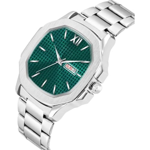 SWADESI STUFF Men's Day Date Watch, 45mm Square Dial, Stainless Steel Band, Silver (Green) - Image 4