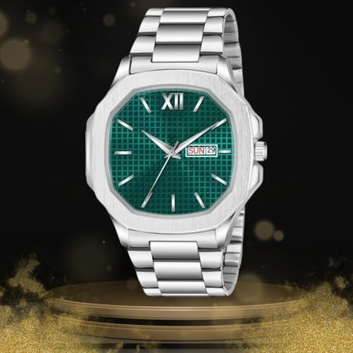 SWADESI STUFF Men's Day Date Watch, 45mm Square Dial, Stainless Steel Band, Silver (Green) - Image 2