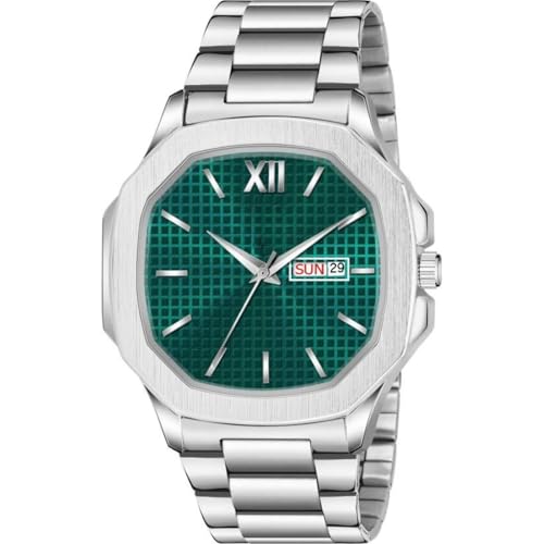 SWADESI STUFF Men's Day Date Watch, 45mm Square Dial, Stainless Steel Band, Silver (Green) - Image 1