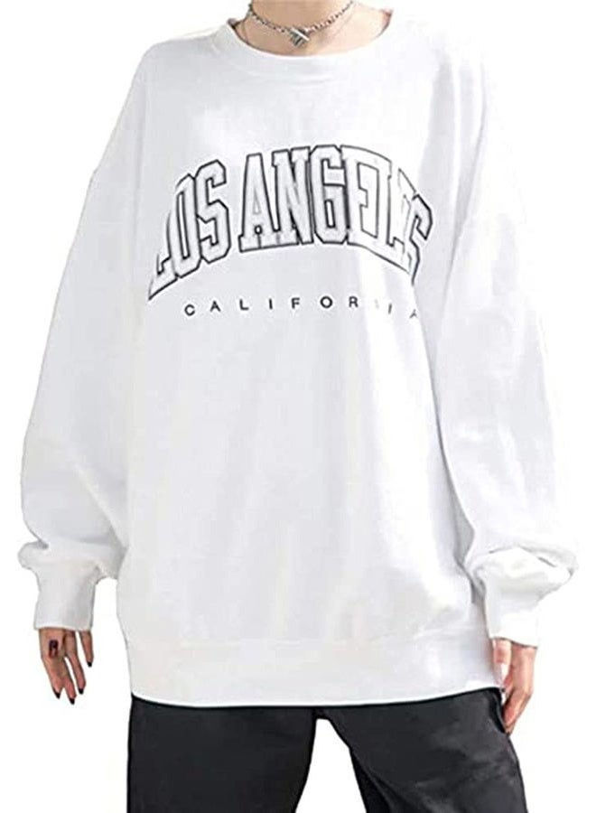 Langwyqu Women's Los Angeles California Long Sleeve Sweatshirt Oversized Bat O-Neck Pullover White - Image 2