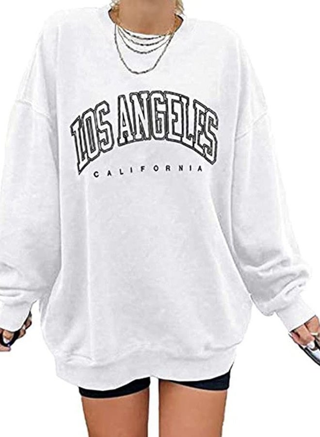 Langwyqu Women's Los Angeles California Long Sleeve Sweatshirt Oversized Bat O-Neck Pullover White - Image 1