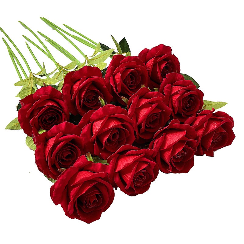 UKELER 12 Pcs Artificial Rose Flowers Blossom Red Rose Flowers Real Touch Silk Faux Roses with Long Stem Rose Bouquets for Home Decoration Wedding Party Garden Floral Decor