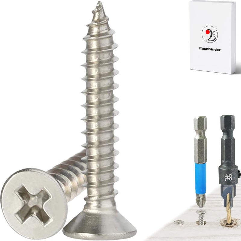 Kinder Wood Screws - 80PCS Flat Head Phillips Screws, 304 Stainless Steel Screw with Adjustable Wood Countersink Kit (#8 x 1) - Image 1