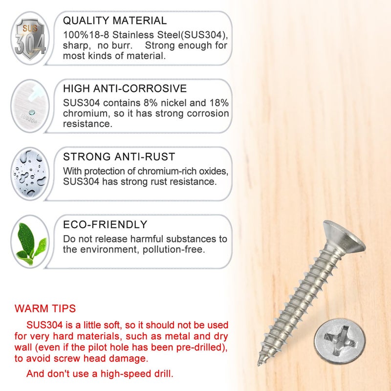 Kinder Wood Screws - 80PCS Flat Head Phillips Screws, 304 Stainless Steel Screw with Adjustable Wood Countersink Kit (#8 x 1) - Image 2