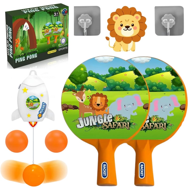 FITORIX Hanging Table Tennis Trainer for Kids Indoor Self Training Portable Ping Pong Set 10 Pieces 2 Racket 2 Balls 2 Hooks 1 Space Rocket and 2 Jungle Safari Stickers in 1 Jungle Box - Image 1
