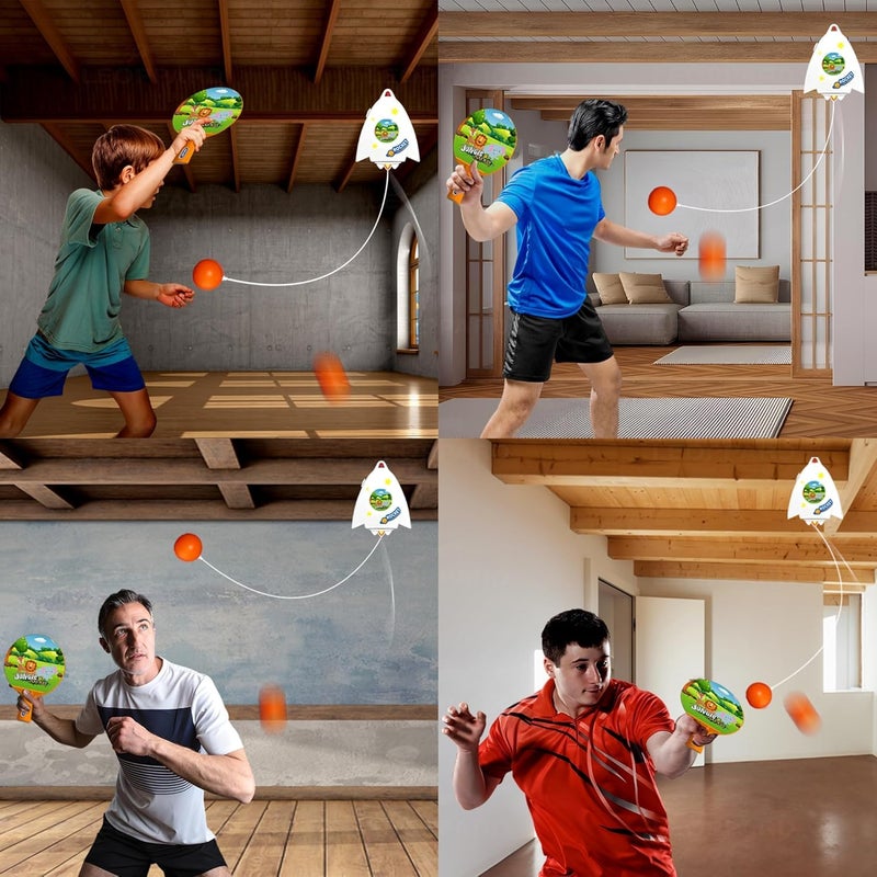 FITORIX Hanging Table Tennis Trainer for Kids Indoor Self Training Portable Ping Pong Set 10 Pieces 2 Racket 2 Balls 2 Hooks 1 Space Rocket and 2 Jungle Safari Stickers in 1 Jungle Box - Image 2