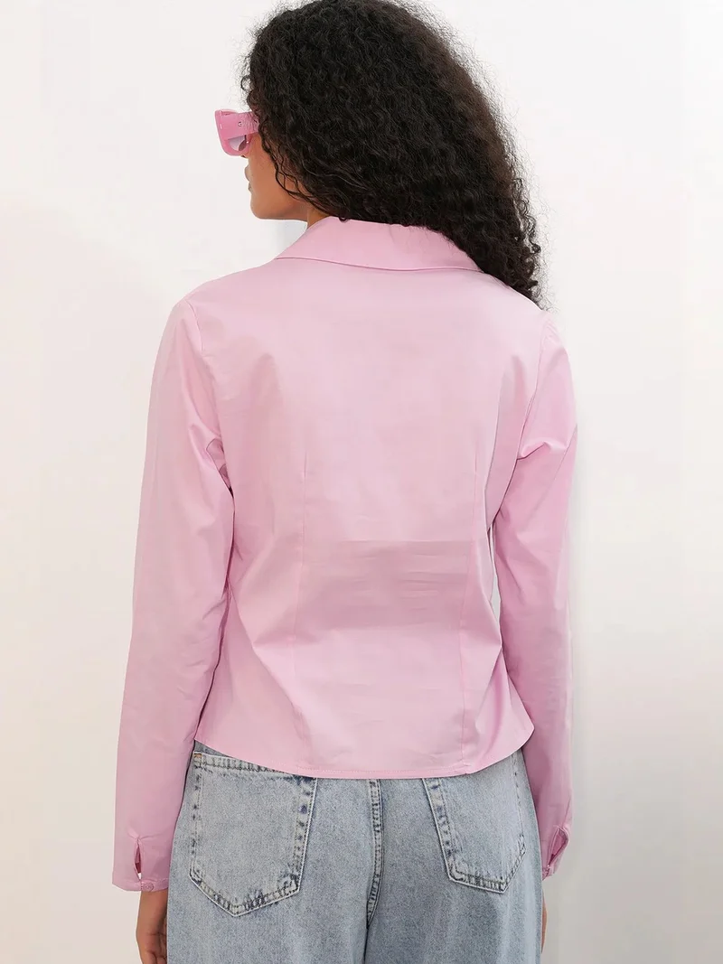 Big Dart Blush Pink BDART Fitted Poplin Button-Up Short Shirt for Women | Best Price UAE